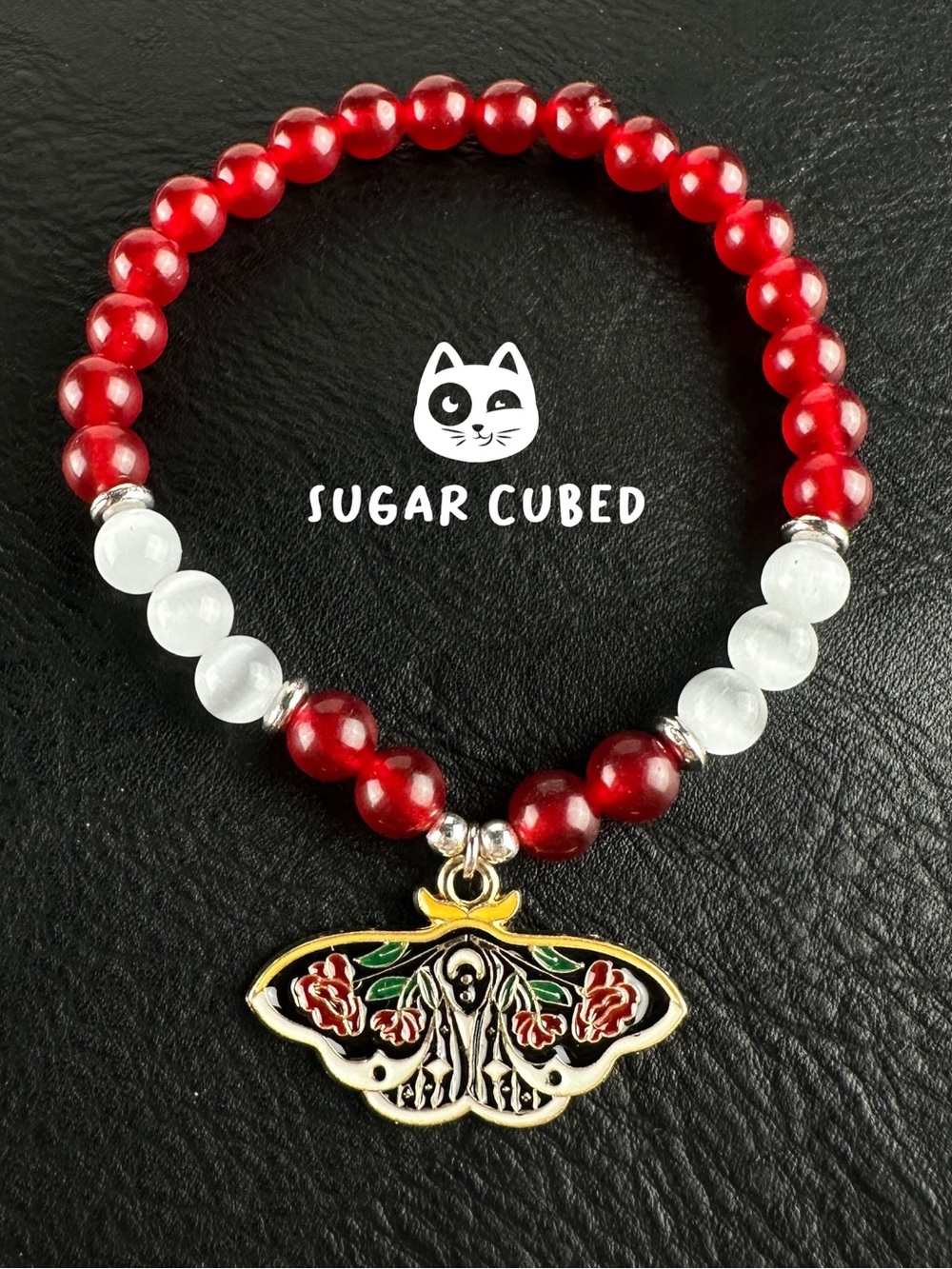 Genuine Garnet & Selenite Moth Bracelet, Intricate Enamel Charm, Hand Crafted